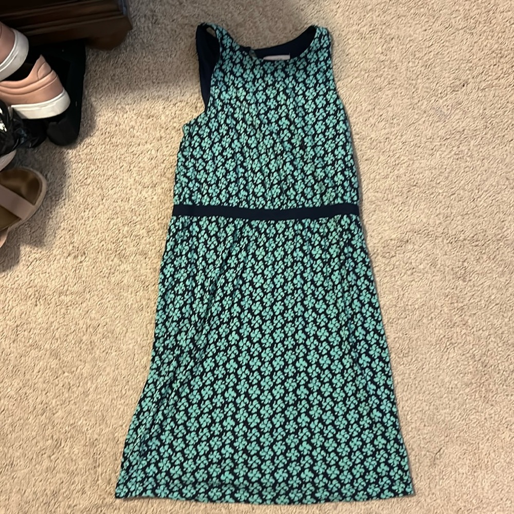 Loft petite small turquoise and navy print dress